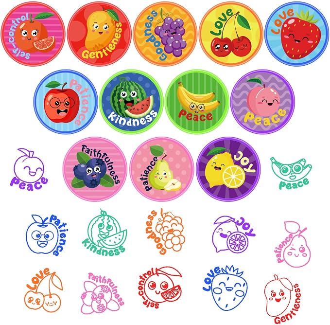 Cinrobiye 24 Pcs Fruit of the Spirit Stampers Party Favor Set, Cute Bible Learning Stamps for Kids Sunday School, Church Classroom Rewards, Faith Based Gifts, Goody Bag Fillers