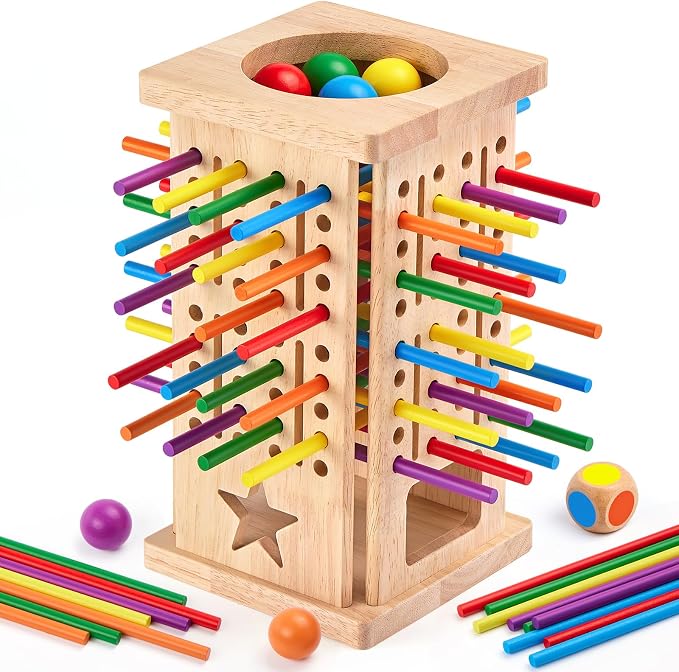 Montessori Wooden Board Games, 42 Colorful Sticks Math Learning Toys for 3 4 5 6 Year Olds, Board Games for Kids 4-6, Fine Motor Skills Toy Family Travel Game, Gifts for Boys Girls 3 Year Old