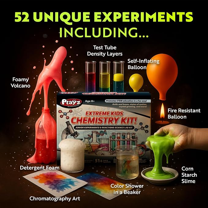 Playz Extreme Chemistry Educational Science Kits for Kids Age 8-12 | 52+ Experiments Chemistry Set Science Toys, STEM Projects with 51+ Tools, Kids Science kit, Science Experiments for Kids Gift