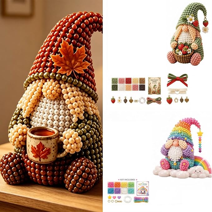 3D Beaded Gnome Craft Kit, 7.1in Non Slip Stable Structure Bead Threading Project Box, Handmade Gnome DIY Toy Set with Charms for Kids Ages 6 Plus Adults