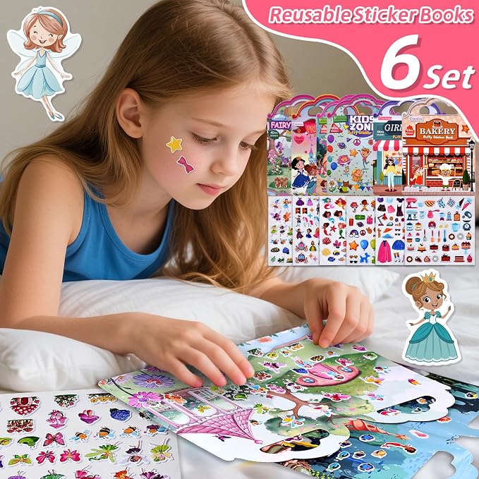 6 Set Puffy Sticker Book, Reusable Sticker Books for Toddlers | 260pcs Fairytale+Garden+Princess Party+Mermaid+Kids Zone+Girls' Shop, Travel Toys Book for Kids Ages 3+
