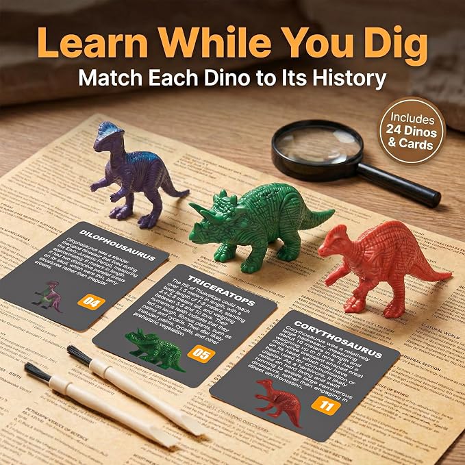 24 Pack Colorful Dinosaur Eggs, Excavation Kit with Learning Cards | STEM Science Toy for Kids, Easter Basket Stuffers, Party Favors, Birthday Gifts Classroom Activities for Boys Girls Age 3+