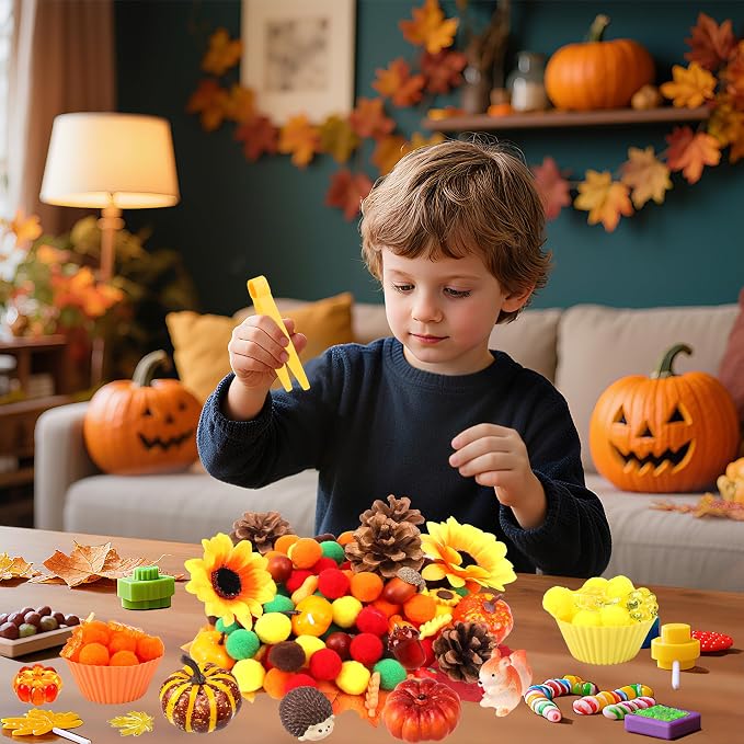 Fall Sensory Bin Fillers-327Pcs Fall Thankgiving Fine Motor Items with Pom Poms Pumpkins Maple Leaves Squirrels Cup for Counting Sorting Training