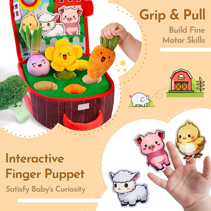Baby Toys 6-12 Months, Farm Vegetable Garden Plush Toy with Animal Finger Puppets, 6 Month Old Montessori Sensory Toys with Rattles, Squeaker, Textures, Teether, Birthday Boy Girl Gifts