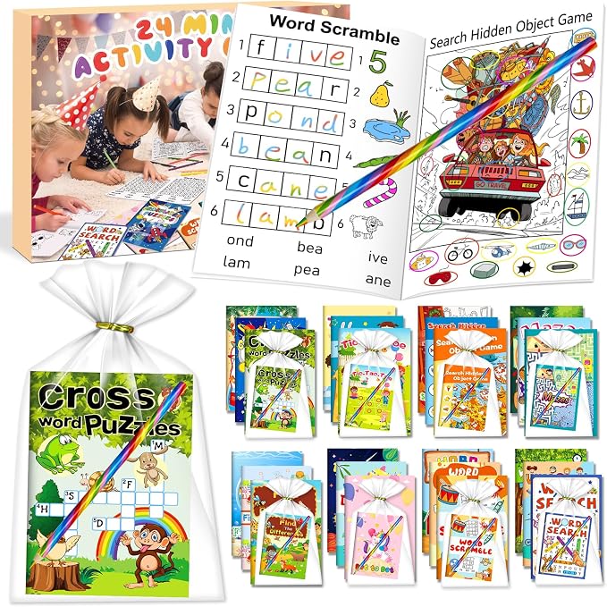 Kalysky 24 Activity Books with Colored Pencils for Kids 4-8 8-12 PartyFavor | Bulk Mini Puzzle Books,Birthday Party Goodie Bags, Classroom Prizes, Return Gifts, Fun Puzzle Activities for kids