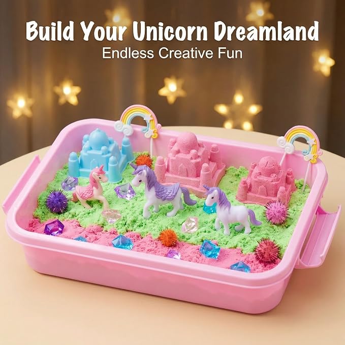 Carolart Unicorn Sensory Bin, Sand Box Kit with Sensory Sand for Girls | Unicorn sand kit , Sensory kit with castle molds and storage bin for creative play, girls gifts for toddlers ages 3+
