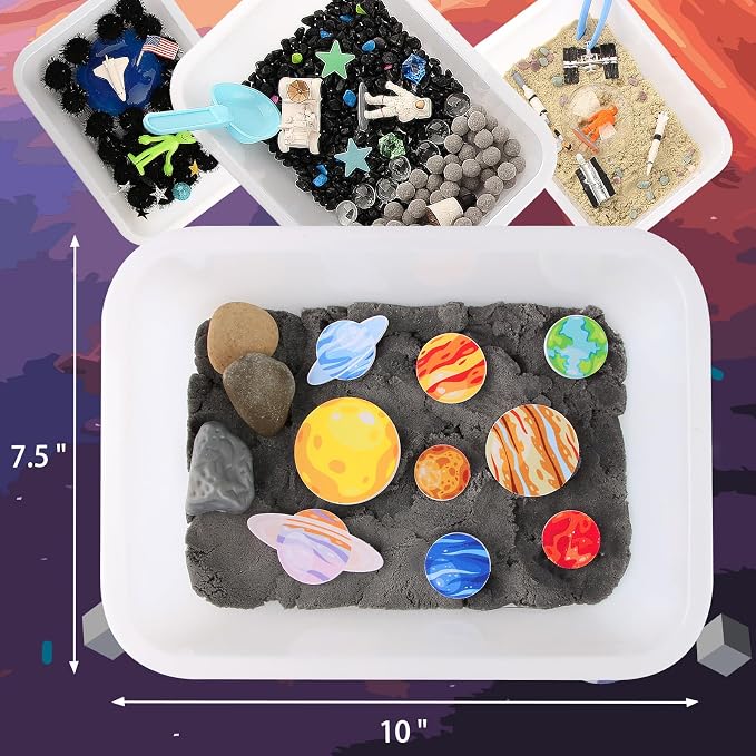 Space Themed Sensory Bin Filler,Planet Toys for Kids, Universe Solar System for Autistic Children, Space Astronauts Sensory Toys for Toddlers with 9 Planets, Sand, 3 Tools and More
