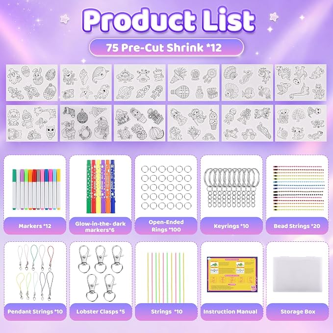 Funtopia 185pcs Shrinking Craft Kit for Kids, Glow in the Dark Keychain Kit | 75 Pre Cut Shrink Paper, Arts and Crafts for Kids Girl Ages 4 6 8 10 12, DIY Shrink Art Plastic Sheets with Charms, 12 Themes