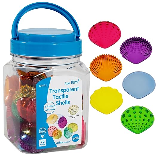 edxeducation Tactile Shells, Set of 72, Translucent, 6 Textures and Colors | Ages 18m+, Light Table and Sensory Bin Toys, Explore Early STEM Concepts