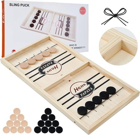 HELLO PAPAYA Fast Sling Puck Game - Test Your Speed and Accuracy with This Fast-Paced Wooden Air Hockey Desktop Battle Board Game - Guaranteed Fun Gifts for Family Night or Friends Party