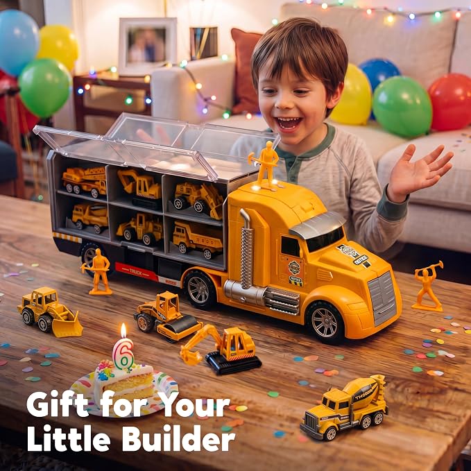 JOYIN 25-in-1 Construction Truck Toy Set with 12 Vehicles & 12 Worker Figures, Push and Go Toy Trucks with Sound and Light, Construction Toys Birthday Gifts for Kids 3 4 5 6 7 Years Old