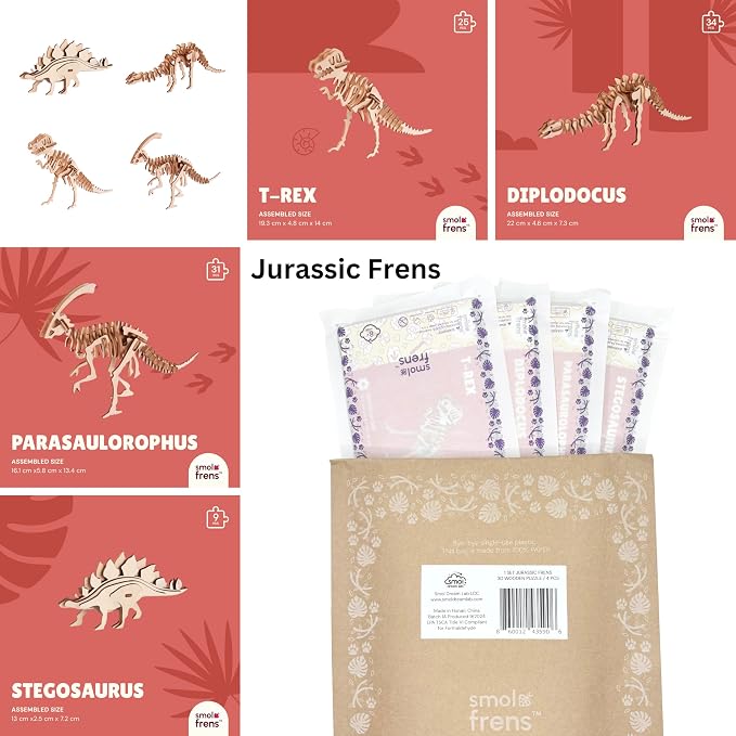 3D Wooden Puzzles for Kids Ages 8+, 4 Pack Dinosaur Puzzles, FSC-Certified Wood, Plastic-Free, STEM Kit for Kids Teens Adults, Wood Craft Model Kit, Individually Wrapped Party Favors - Jurassic Frens