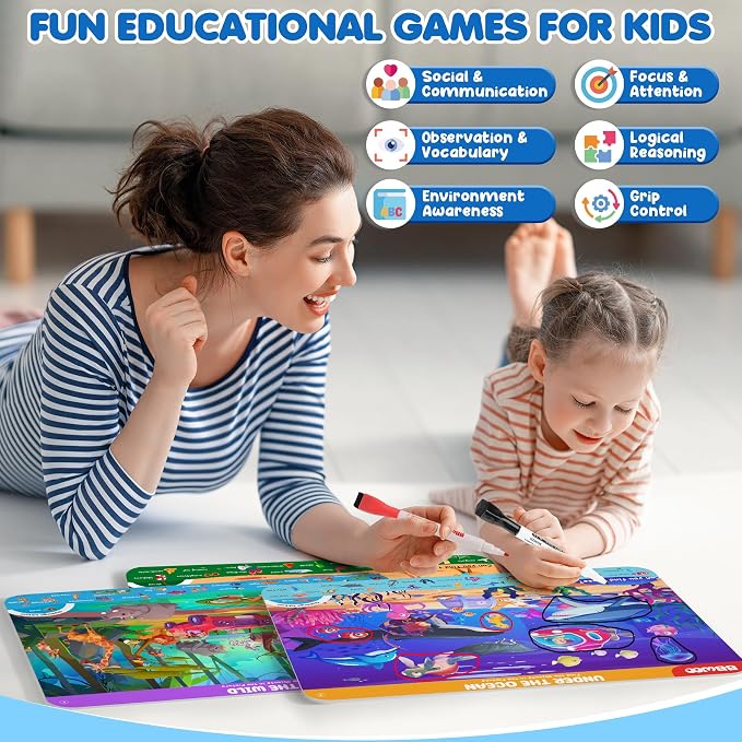 BBWOO Search and Find Activity Book, Reusable Travel Game Toys for Kids 3-8 | Car Airplane Road Trip Activities for Kids Games, Preschool Learning Activities, Educational Seek Game,Gifts for Boys Girls