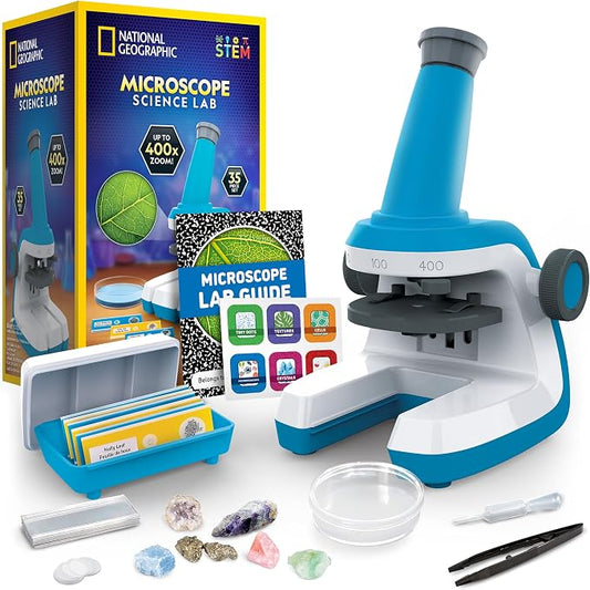 National Geographic Microscope for Kids with Up to 400x Magnification | Prepared and Blank Slides, Rock and Mineral Specimens, Easy-to-Use Science Kit, STEM Project Toy, Ages 6+