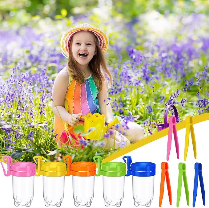 Baderke 10 Pieces Bug Viewer and Bug Insects Tweezer for Kids, Plastic Insect Box Container and Tweezers, Bug Catching Kit Insect Observation Kit for Kids Outdoor Science Nature Exploration