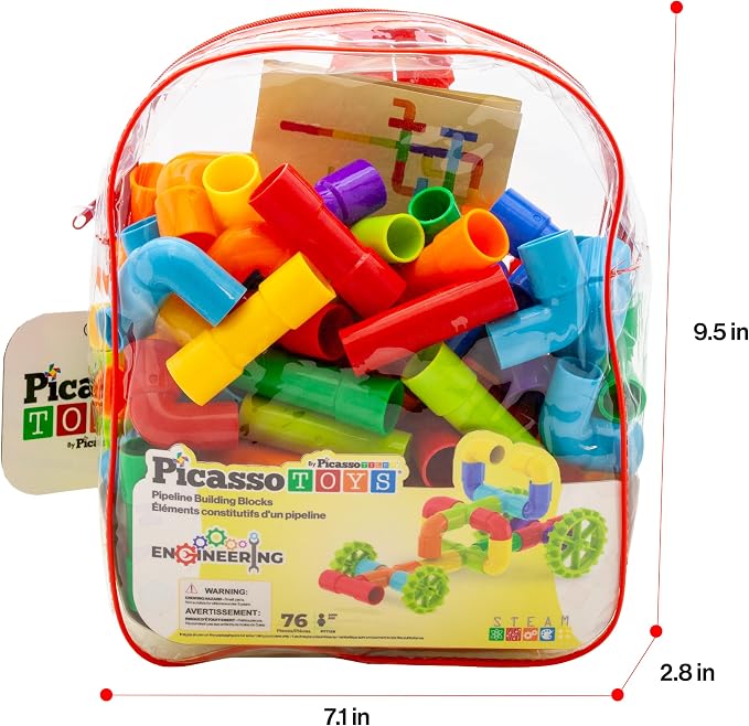 PicassoTiles 76PC STEM Pipe Building Interlocking Tube Construction Toy with Wheels and Storage Backpack Creative Educational Brain Development Learning Blocks for Kids Ages 3+ Boys and Girls PTT138