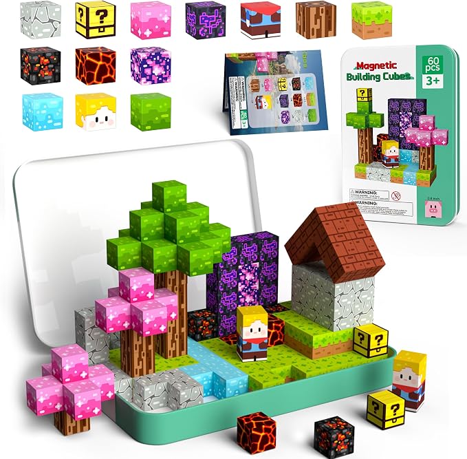 Mini Magnetic Blocks Travel Set 60PCS Building Cubes for Kids with Case | Travel Toys for Kids 4-8 Toddler , Airplane Car Road Trip Essentials, STEM Learning Toy, Gift for Boys and Girls