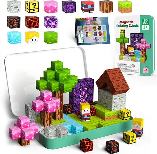 Mini Magnetic Blocks Travel Set 60PCS Building Cubes for Kids with Case | Travel Toys for Kids 4-8 Toddler , Airplane Car Road Trip Essentials, STEM Learning Toy, Gift for Boys and Girls