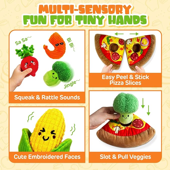 Montessori Baby Sensory Pizza Plush Toy with Peel & Stick for 6-36 Months | Crinkle Rattle Squeaker Play Food, Soft Baby-Safe Multi-Textured, STEM Fine Motor Skills, Boy Girl Baby Shower Birthday Gifts