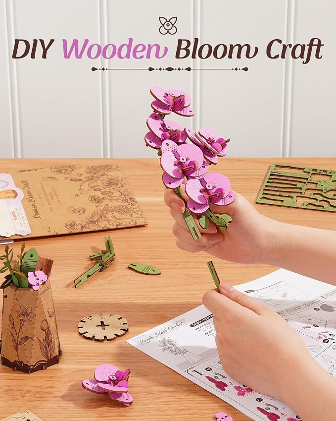 rowood 3D Wooden Puzzles for Adults,DIY Artifical Flower Botanical Collection Building Craft Kit,Mother's Day/Valentine's Day/Teacher's Day Purple Moth Orchid