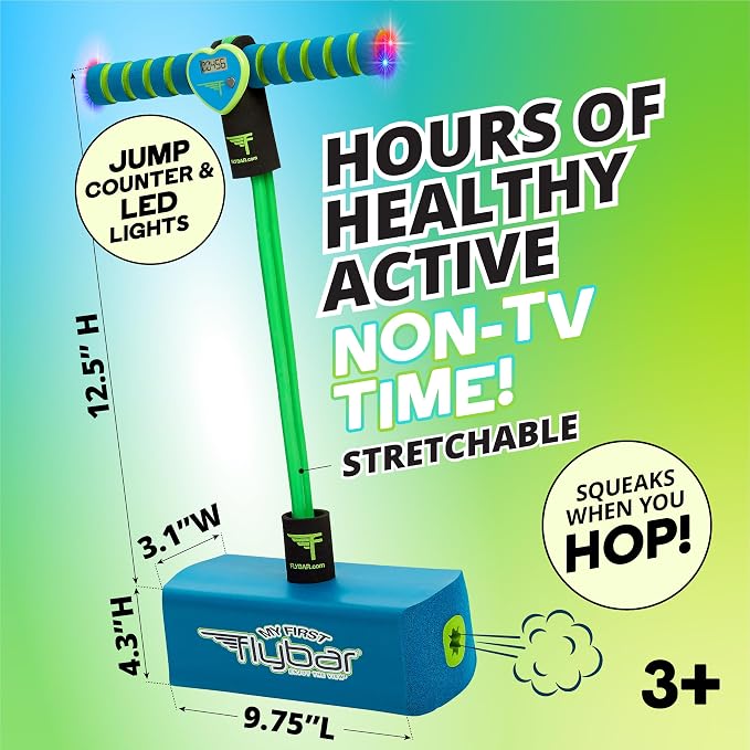 Flybar My First Foam Pogo Jumper for Kids Fun and Safe Pogo Stick for Toddlers, Durable Foam and Bungee Jumper for Ages 3 and up, Supports up to 250lbs (Blue LED)