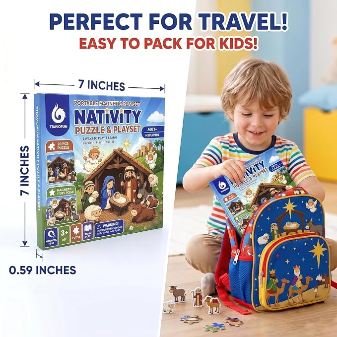 Travofun 20-Piece Magnetic Nativity Puzzle & Playset, Bible Story, Ages 3-6 | Build a 20-piece magnetic Nativity puzzle, then arrange the characters to retell the Christmas Bible story or create scenes.
