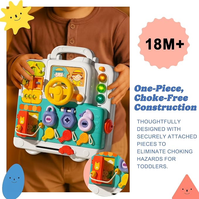 Busy Board for Babies 6-12 Months, 54-in-1 Musical Travel Board | Portable Activity Board with Lights & Music, Fine Motor Skills, Sensory Travel Toys for Airplane Cars, Gift for Boys Girls