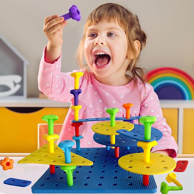 Counting Peg Board for Kids - Toddler Stacking Toys - 65 Pcs DIY Building Set Large Foam Board & Occupational Therapy Toys, Color Sorting & Lacing Toy , Montessori Tools, Peg Puzzles for Toddlers 3