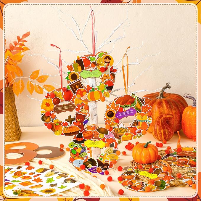Hollowfly 48 Set Thanksgiving Wreath Craft Kits DIY Christian Ornament | Christian Thankful Fall Designs, Hanging Ornaments, Ideal for Thanksgiving Decor, Sunday School Crafts & Church Party Favors