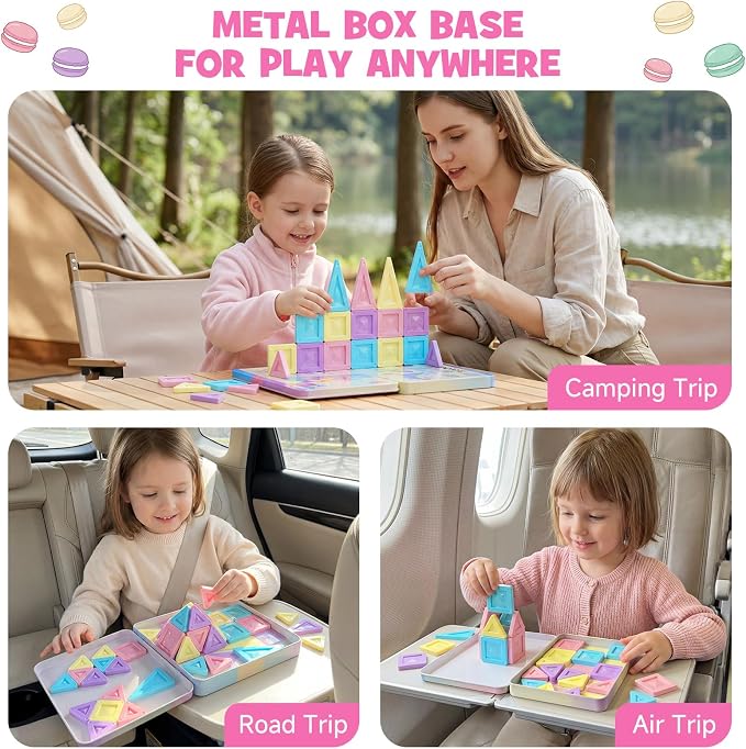 burgkidz Magnetic Tiles Travel Set: 40Pcs Pastel Macaron Portable Tin Case | Ultralight Tin Box Serves As Building Base, 45+ Mins Quiet Play, Fits Lap Tray for Airplane Trips, STEM Toy for Kids Ages 3+