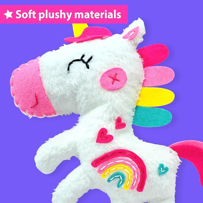KRAFUN Unicorn Sewing Kit for Kids Ages 8-12 | No Scissors | Pre-cut & pre-punched felt, no glue needed. Child-safe needle. Sew your own unicorn plush. Beginner craft gift for girls