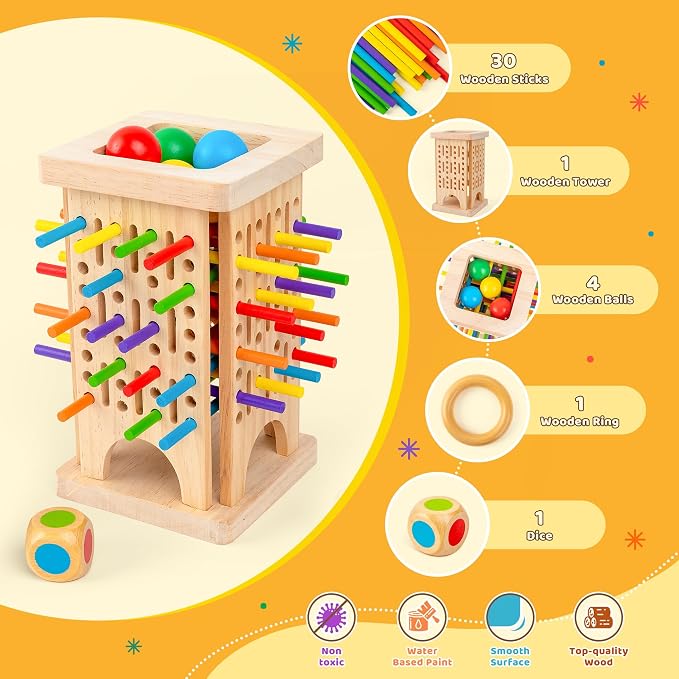 Montessori Game Wooden Board Game, Colorful Wooden Sticks Dice Game Math Educational Toys for 3 4 5 6 Years Old, Fine Motor Skills Toys & Counting Toy Family Game Travel Toys Gifts for Kids