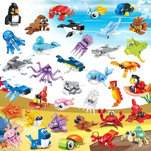 Mini Building Blocks Sets Party Favors for Kids 4-8, 36PCS | Ocean Animals Small Building Block Sets, Goodie Bag Stuffers for Kids, Treasure Box Prizes, Pinata Stuffers for Kids