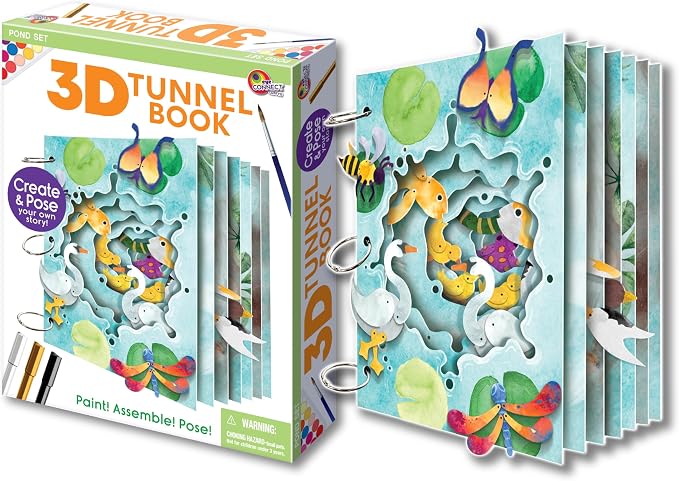 EyeConnect Crafts Pond 3D Tunnel Book – Hands-on Stationery Craft Kit | Build, paint, create a unique pop-in book with 12 posable animals! Screen-free STEAM activity, gift. No tools/glue needed, 8+