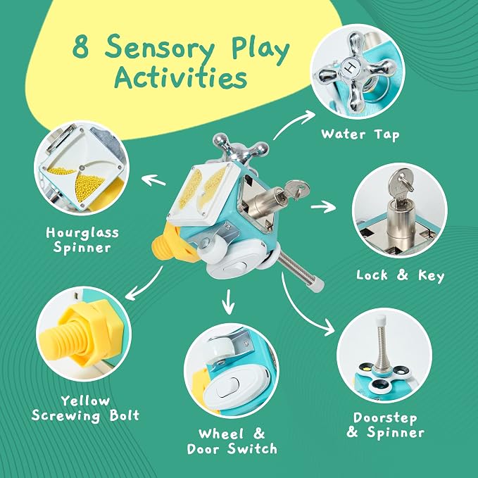 Wooden Busy Cube – Handmade Montessori Sensory Activity Toy | Ready-to-use wooden sensory toy for children ages 1–3 with autism, ADHD and other sensory needs; supports fine motor skills