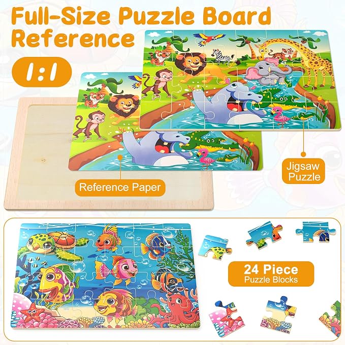 4 Pack Wooden Animal Jigsaw Puzzles for Kids Toddler Puzzles Gift | Sensory Toys, Preschool Educational Toys, Toddler Puzzles Gift Boys Girls