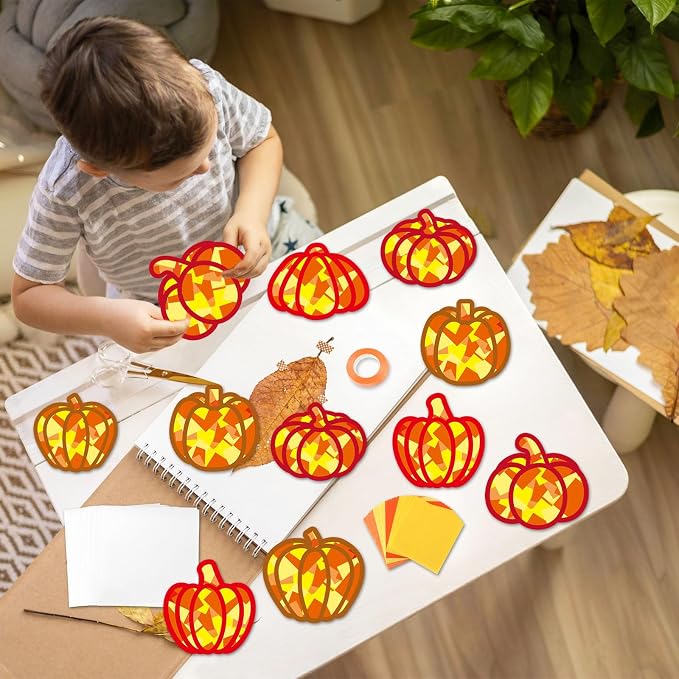 Qyeahkj 36 Set Fall Pumpkin Suncatchers Crafts for DIY Autumn Window Tissue Paper Crafts Kit Thanksgiving Pumpkin Hanging Decor for Fall Home Activity Art Project Birthday Party Favor Gift