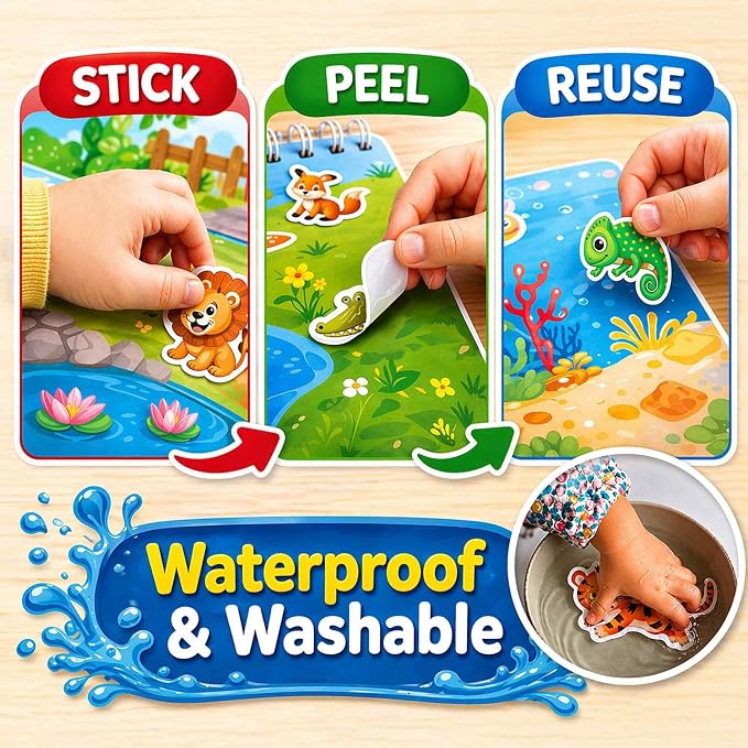 Jelly Sticker Books for Toddlers 3-5 - 40+ Reusable Stickers Busy Book | 10 Animal Topics - Waterproof Washable Toddler Activity Book - Learning Toys for Shapes, Colors, Matching, Animals