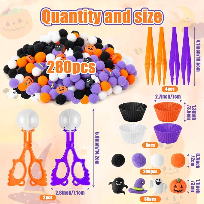 Halloween Sensory Bin Fillers, 295Pcs Colorful Fine Motor Set | Halloween Counting Sorting Gifts, Plastic Pumpkin Ghost Felt Pom Poms, Teen Students Kids, School Education Activities