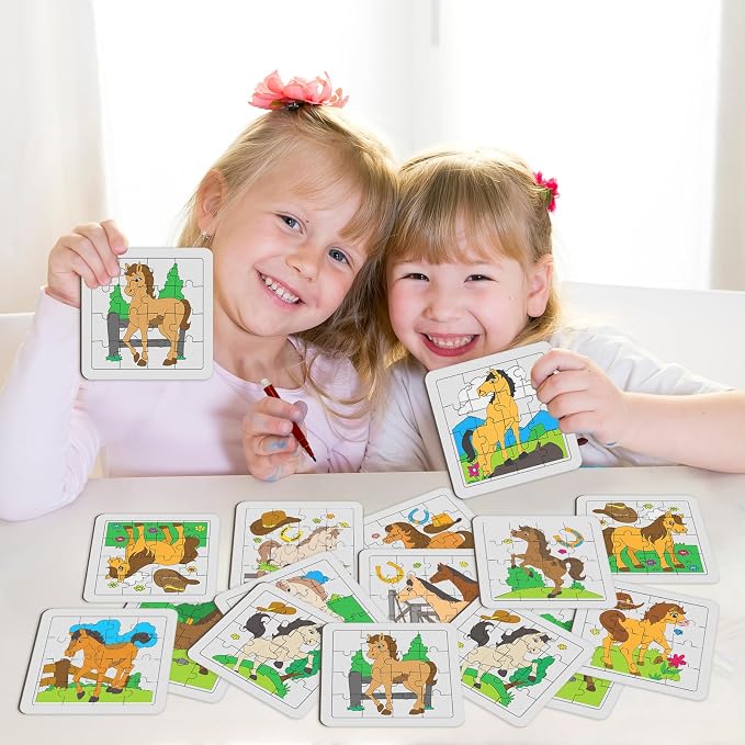 Cinrobiye 24 Pcs Horse Coloring Jigsaw Craft Kit for Kids, DIY Farm Pony Activity Set Bulk with 12 Designs, Rodeo Birthday Party Favors, Classroom Art Projects, Western Theme Supplies