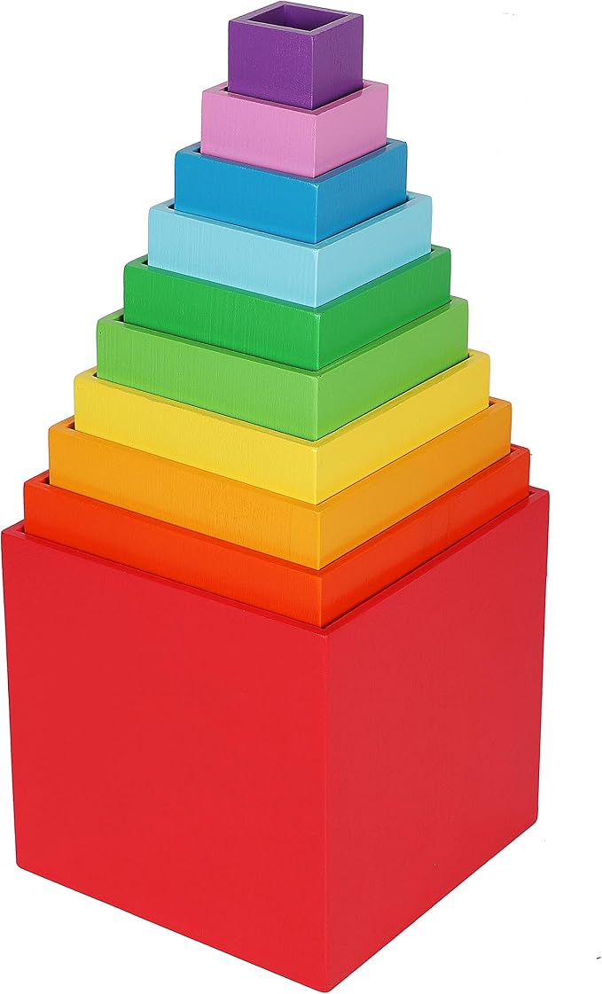 TOWO Wooden Stacking Boxes, Rainbow Nesting Sorting Cups for Toddlers | Rainbow wooden stacking cubes support color sorting, nesting and early learning; Montessori toy for toddlers age 2+
