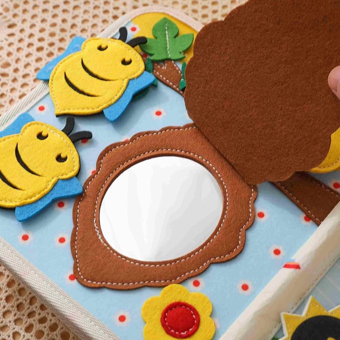 GOODMOM Bee Sensory Busy Book for Toddlers1-3 – Quiet Book with Fun Mirror, 10 Pages Interactive Activities, Educational Travel Toy, Gifts for Boys & Girls