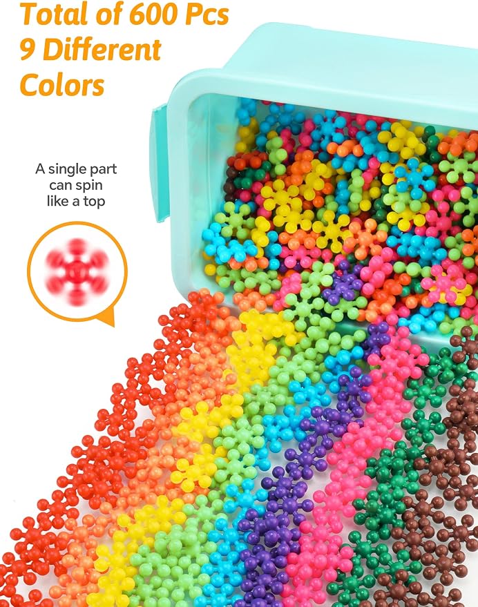 600PCS Building Blocks STEM Construction Toy for Kids 3+, Multi-Color | Interlocking Snowflake Discs in BPA-Free Plastic with Storage Case – Boosts Fine Motor Skills & Creative Play