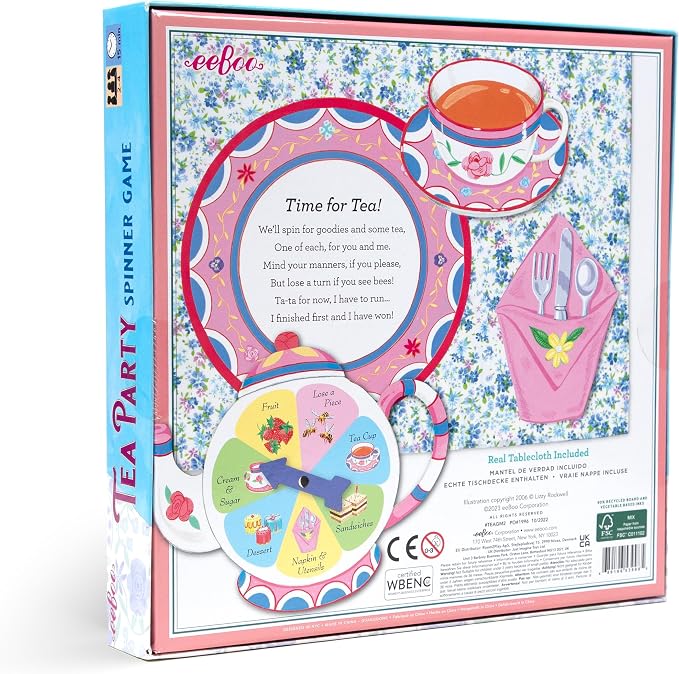 eeBoo Tea Party Spinner Game, Social Skills Game, Ages 3+, 2-4 Players | Develops patience & social skills through imaginative play. Includes spinner, food pieces & fabric tablecloth. 15-30 min game