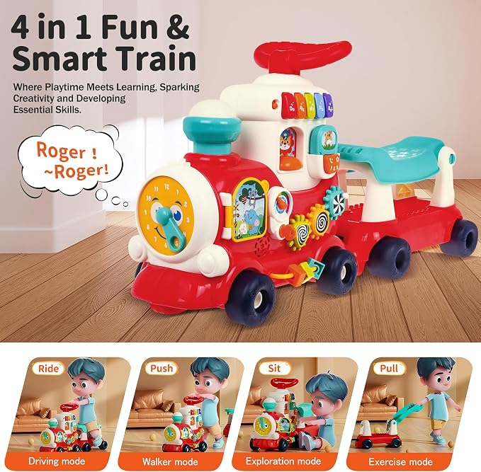 Ride On Train Toy for Toddlers 1-3, 4-in-1 Push and Pull Baby Walker Car | Push, Pull, Sit-to-Stand Walker, Walking Car Toy for Baby 1 Year Old, Indoor Outdoor Toddler Activity Toy