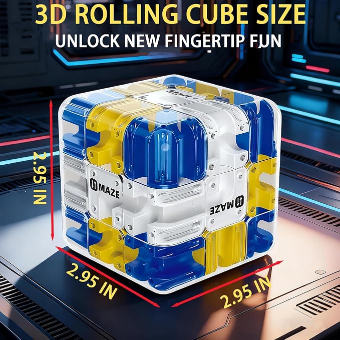3D Rolling Ball Maze Cube, Marble Labyrinth Cube, 3D Labyrinth Puzzle Cube, Spatial Awareness Brain Training Educational Focus Game Gift for Adults Teens Kids (Yellow & Blue)