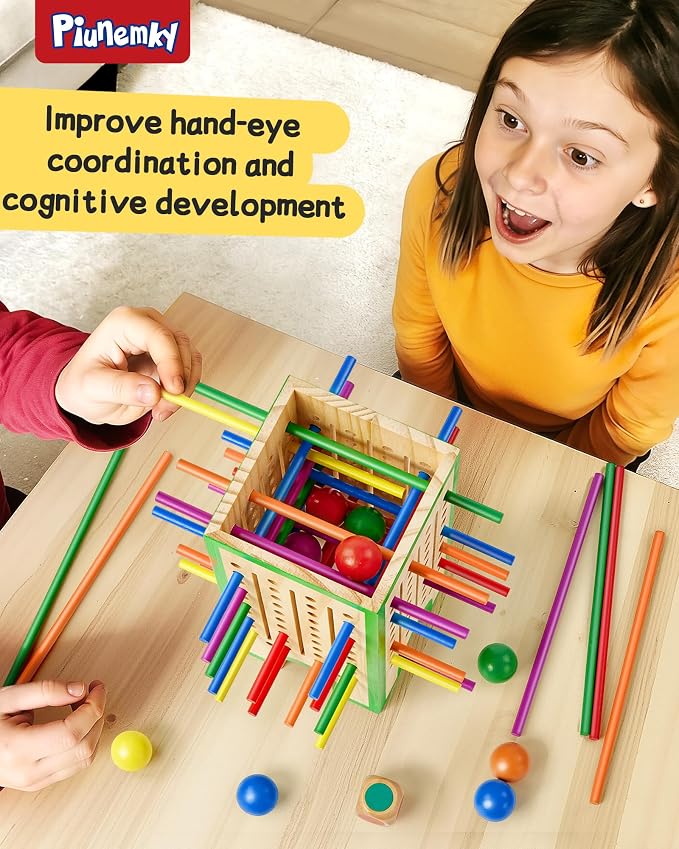 Montessori Wooden Board Game Ages 4-8 Fine Motor Toy | Water-Based Paint, Smooth Finished Edges, Family Night, Color Matching, 12 Balls, Storage bag, Ideal Gift