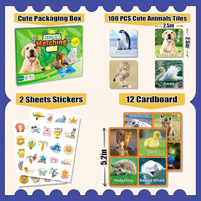YTSQLER 100 PCS Animal Memory Matching Game | For kids Ages 4-8, toddlers 3-5, Preschool Learning Activities, Family Board Game, Animal Learning Card Game