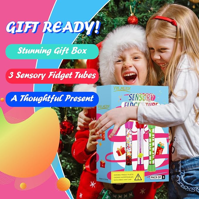 Sensory Fidget Tubes - Calming Toys for Kids- Sensory Tube with Glitter Bottle, Gravity Spinner, Bubble Drop Spiral - Fidget Toys for Classroom, Desk Decor, Stocking Stuffers
