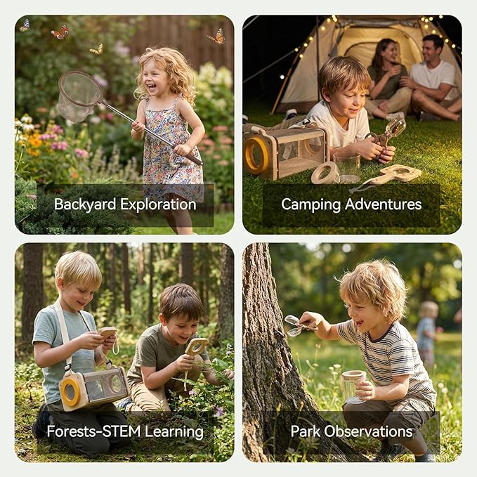 Wooden Bug Catcher Kit for Kids 3-8, 10PCS Durable Outdoor Explorer Kit with Magnifying Glass, Butterfly Net & STEM Guide, Catch & Release Adventure Set for Backyard & Camping